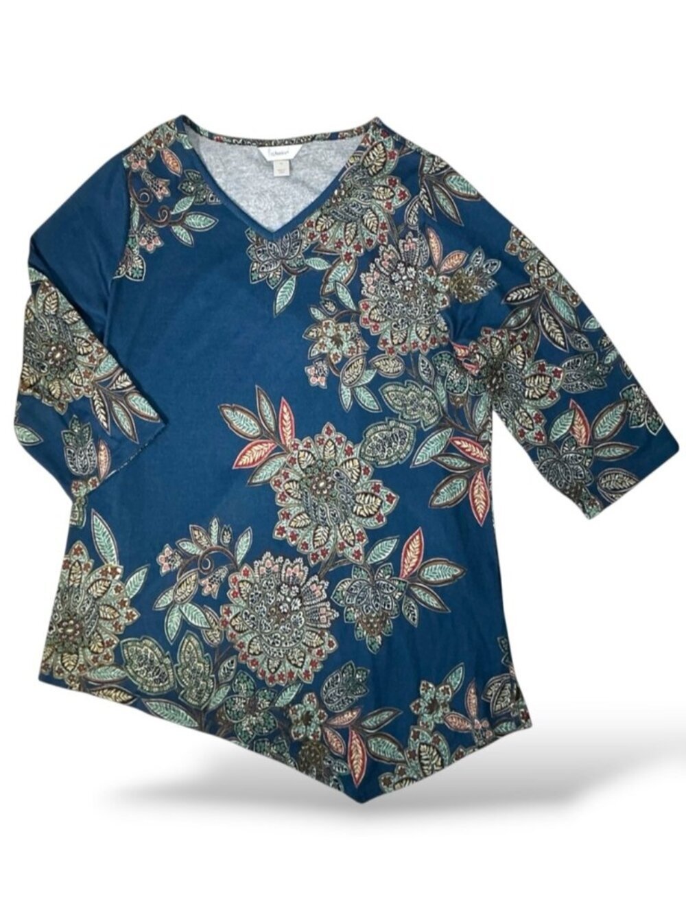 Banks Artistic Top Asymmetrical Tunic Boho V Neck 3/4 Sleeve Blue Women Plus 1X - Picture 6 of 13